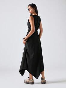 LYSMO 2026新款简约春季女式户外黑色圆领无袖褶皱不对称下摆休闲中长连衣裙，适合外出、返校、毕业典礼、街头休闲穿着，女士休闲连衣裙 - 黑色 - 查看 2