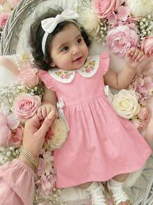 LMoss Kids Baby Girl Woven Contrast Color Embroidered Peter Pan Collar Casual Dress - Pink - View 4