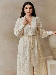 Anewsta Elegant Fashion Small Stand Collar Embroidered Lace Slim Waist Plus Size Women Dress, Spring/Summer - Apricot - View 6