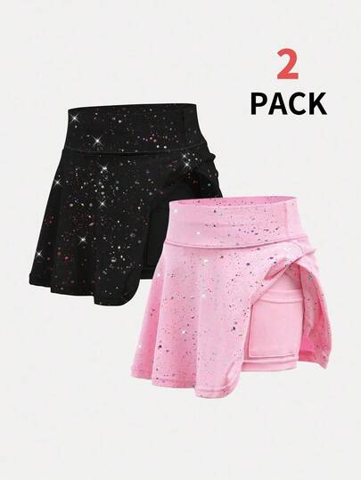 Conjunto deportivo informal de 2 piezas para niñas preadolescentes, falda estampada con estrellas, cómoda, ideal para yoga, uso diario casual y vuelta al colegio