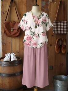 EMERY ROSE Floral Rose Print Plus Size 2 Pieces Set, Suitable For Mother's Day, Spring/Summer - White - View 1