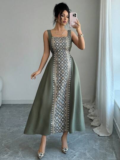 Rafferiza 女士印花收腰A字复古长款连衣裙