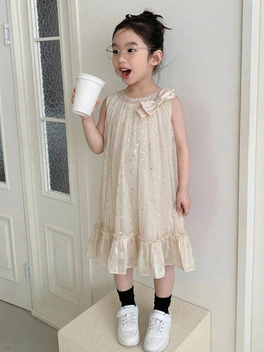 Dazy Kids 女童亮片网纱蝴蝶结装饰荷叶边无袖可爱连衣裙夏季太阳裙 - 杏色 - 查看 1