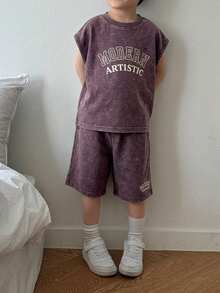 Dazy Kids 2pcs/Set Boys' Letter Print Round Neck Tank Top And Shorts Casual Outfit - Purple - View 5