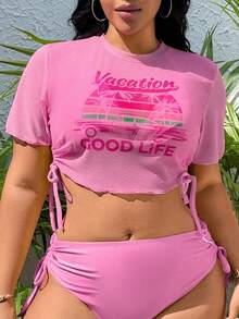 Swim Vcay Ensemble de 3 pièces grande taille avec imprimé de plantes tropicales, comprenant un cache-maillot, un débardeur et un maillot de bain bikini pour femmes. Mode décontractée pour les vacances à la plage - Rose bonbon - Voir 5
