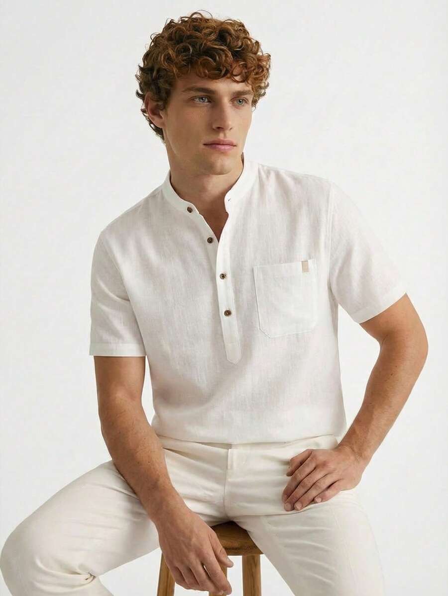 Manfinity CityGents Men's Solid Color Simple Daily Short Sleeve Shirt Shirts For Men Polo Shirts For Going Out - White - View 1
