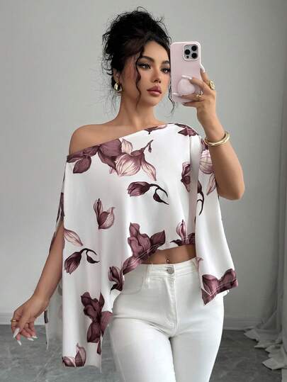 Elenzga Elegant Women's Single Shoulder Floral Print Casual Formal Commute Family Gathering Daily Minimalist Outfit Summer Party Niche Design New T-Shirt