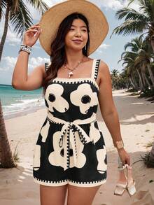 SHEIN LUNE Jumpsuit Kasual Tanpa Lengan Ukuran Besar untuk Wanita dengan Penonjolan Pinggang & Motif Bunga, Cocok untuk Liburan Musim Semi/Panas - MultiWarna - View 4