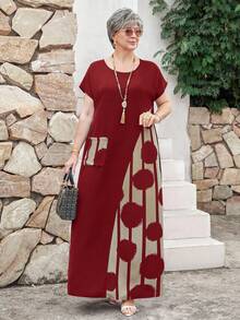 EMERY ROSE Plus Size Contrast Color Printed Patchwork Long Vacation Casual Dress,Spring Outfits For Women,Tropical Vacation Woman Clothes - Burgundy - View 5