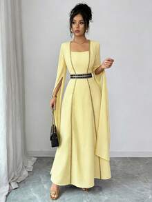 Rafferiza 女士优雅金色编织腰带奢华亮片串珠开衩长袖派对连衣裙，秋季时尚 - 淡黃色 - 查看 7