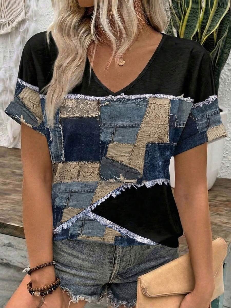 夏季牛仔印花拼接V领插肩袖T恤 - 彩色 - 查看 1