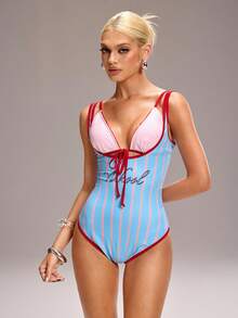 Y2Kool BiGraphic Sexy Casual Urban Chic Minimalist Y2K Striped Swimsuit Set, Suitable For Vacation, Date, Party, Valentine's Day, Beach, Spring/Summer - Multicolor - View 4