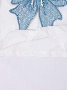 SHEIN 2件套 女童Y2K甜美可爱蝴蝶结圆领短袖露脐白色针织T恤+蓝色纹理迷你百褶裙套装 - 彩色 - 查看 5