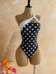 Soleia Áo tắm liền thân nữ họa tiết chấm bi, cổ khoét lệch, kiểu dáng bất đối xứng - Đen và trắng - Xem 4