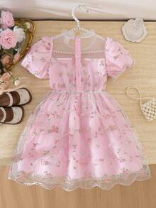 Elladie kids 女童优雅花瓣袖玫瑰提花蕾丝网纱公主裙，女童夏季新款时尚仙女裙，1 件套 - 粉色 - 查看 2