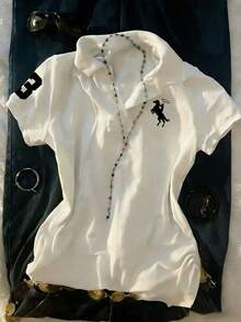 Glimmora 女士骑士印花短袖休闲/工作 Polo 衫 - 白色 - 查看 1