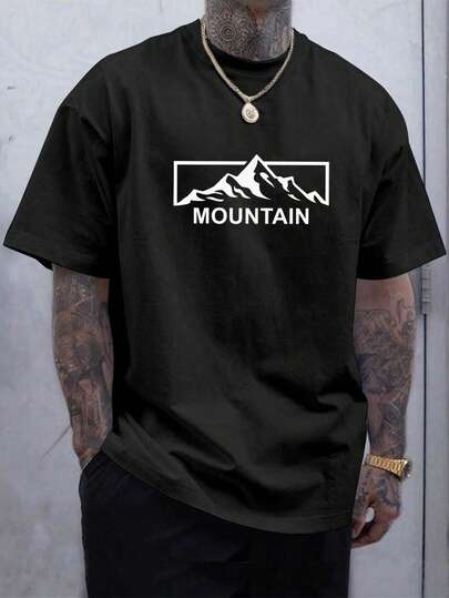 Manfinity Homme 男士夏季休闲黑白山峰雪山山脉自然景观户外探险徒步露营旅行字母标语方框简约干净图案印花T恤复古街头风西部外出度假休闲健身运动圆领短袖宽松落肩透气T恤，男士T恤