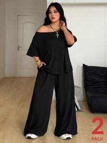 Coolane 女士大码春夏简约街头风日常休闲运动舒适露肩T恤和阔腿运动裤两件套 - 黑色 - 查看 6