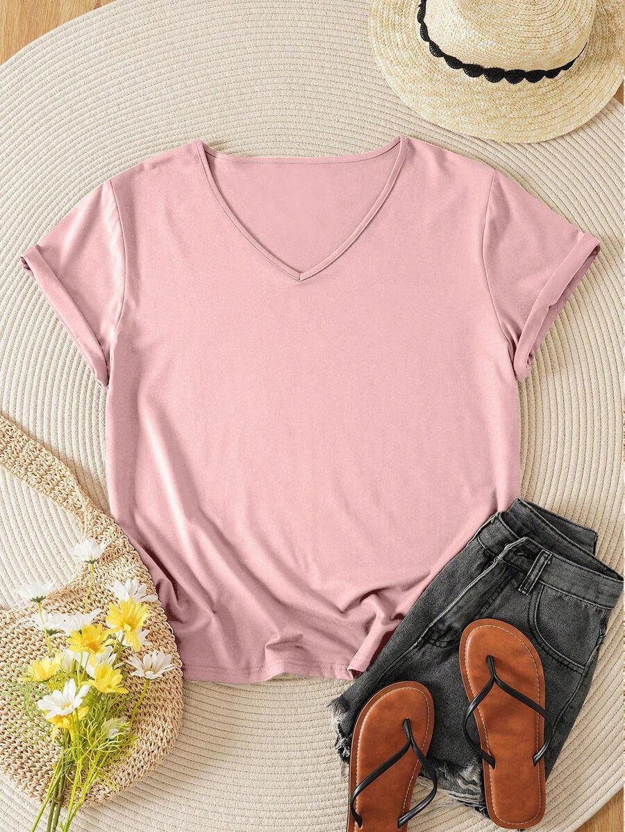 Plus Size Women's V-Neck Casual Sports Tee, Summer New Design, Pink Color - Black - View 1