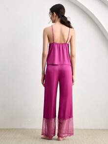 Ocili 两件套波西米亚风蕾丝边吊带背心和睡裤睡衣套装，舒适女士睡衣 - 玫紅色 - 查看 3