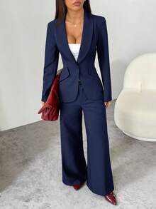 SHEIN PETITE 适合秋冬通勤 黑色单扣黑色西装外套+西装裤 西装套装 办公室通勤套装 - 藏蓝色 - 查看 3
