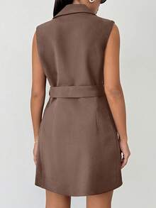 EURMUSE Women's Solid Color Lapel NeckCasual Sleeveless Commuter Blazer - Brown - View 2