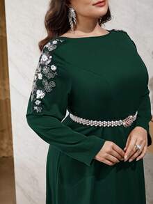 Modelyn Plus Size Elegant Party Sequin Embroidered Dress Fall - Dark Green - View 4