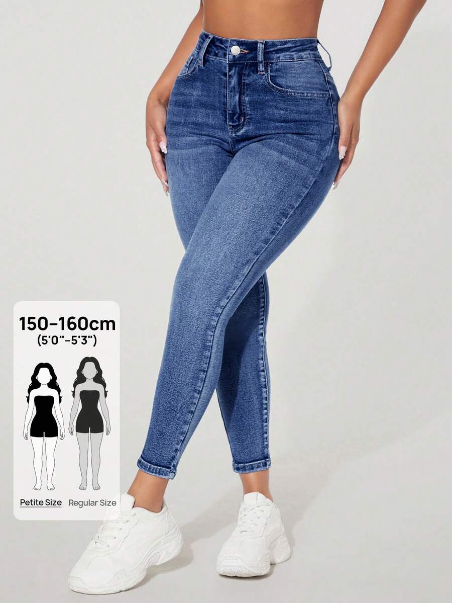 SHEIN PETITE Jeans pitillo con botones decorativos de talle alto, con distressed, forrados térmicamente para otoño e invierno, jeans pitillo con bolsillos y denim engrosado - Azul - Ver 1