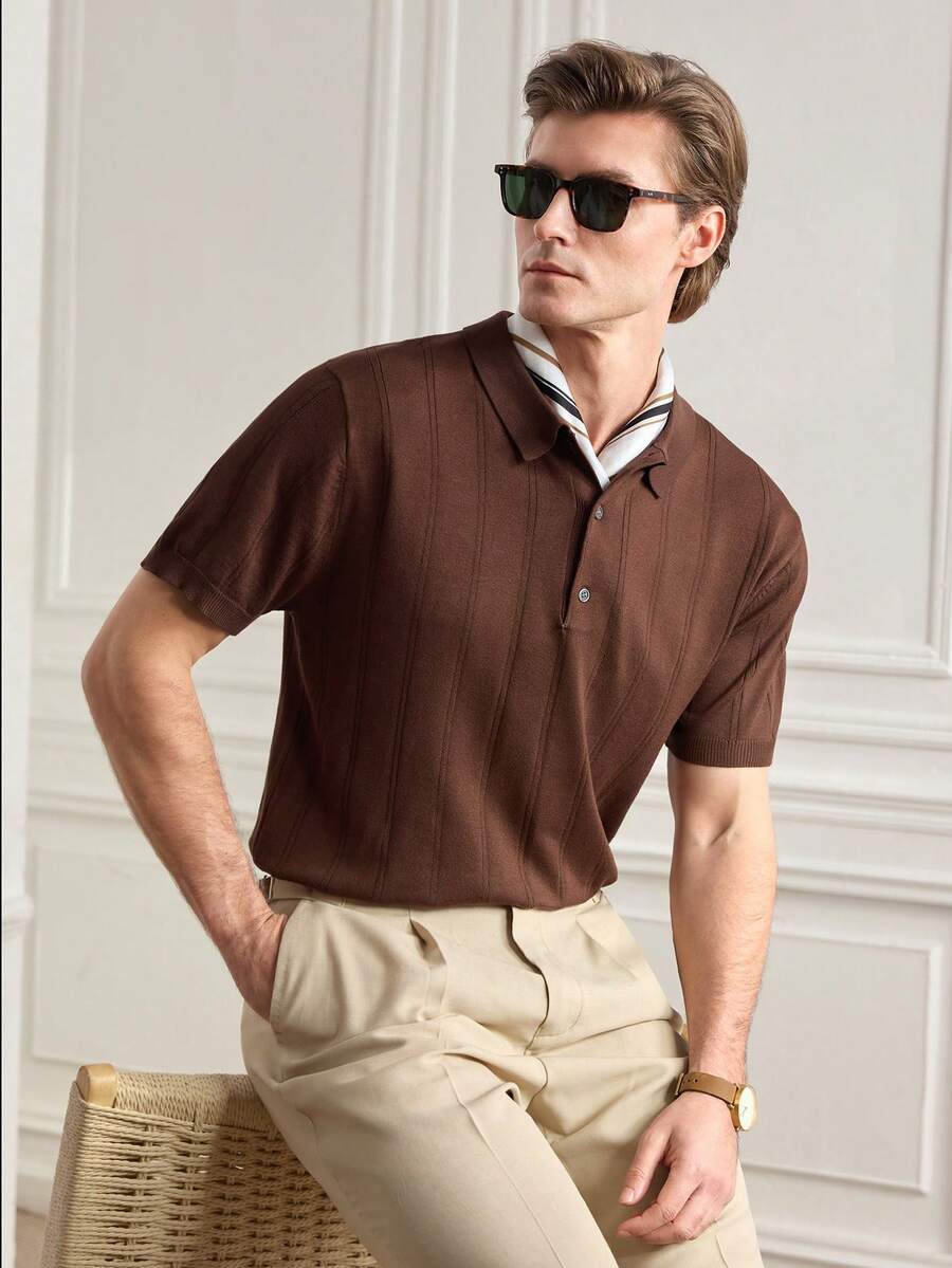 Officeau 男士 Polo 领短袖针织衫，夏季新品，半开襟罗纹套头衫 - 咖啡棕 - 查看 1