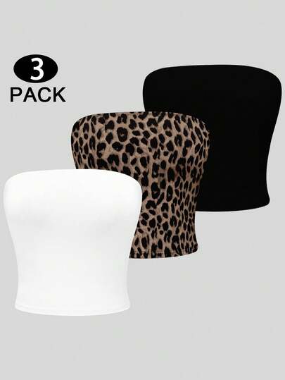 Olithes Y2K 三件套豹纹黑白纯色抹胸上衣