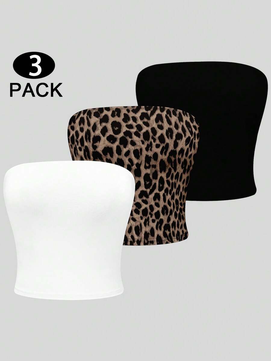 Olithes Conjunto de 3 piezas de top tubo con estampado de leopardo y unicolor negro y blanco, estilo Y2K - Multicolor - Ver 1