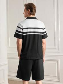 Men's Business Patchwork Print Short Sleeve Polo Shirt And Shorts Set - Black - View 2