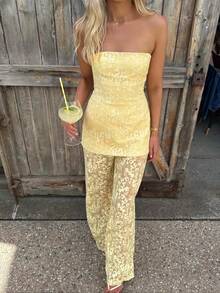 Siren Gaze Summer  Elegant French-Style Lemon Yellow Openwork Lace Strapless Top + High-Waisted Wide-Leg Pants Two-Piece Set - Light Yellow - View 1