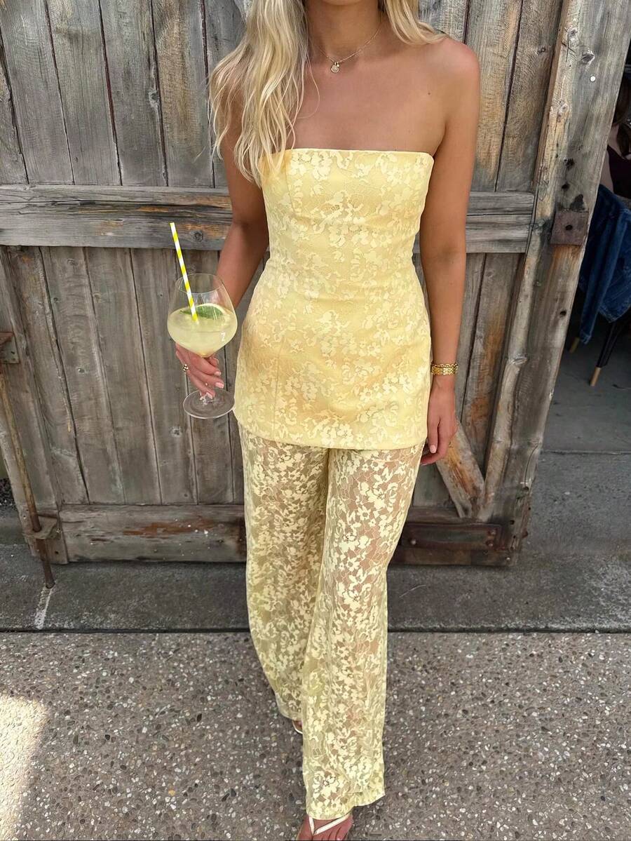 Siren Gaze Summer  Elegant French-Style Lemon Yellow Openwork Lace Strapless Top + High-Waisted Wide-Leg Pants Two-Piece Set - Light Yellow - View 1