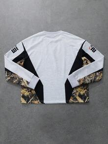 PAVTROS 1 chiếc áo nỉ nam dáng rộng, họa tiết rằn ri kiểu xe đua, thiết kế phối màu tương phản, kiểu áo nỉ ngắn tay, trang phục thường ngày thoải mái cho thanh niên, mùa thu/đông, ý tưởng quà tặng tuyệt vời. - trắng - Xem 2