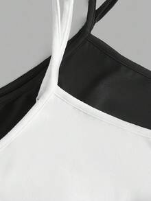 SHEIN EZwear 大码女装两件套纯色撞色蕾丝吊带背心套装，蕾丝吊带背心，优雅上衣，吊带背心，女士无袖上衣，大码吊带背心，女士细肩带上衣，女士吊带背心，夏季女装上衣 - 黑與白 - 查看 9