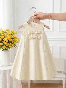 SHEIN Young Girl Sleeveless Dress With Bow Decor, Suitable For Birthday Party, Daily Wear, Vacation And Outing - Beige - View 3