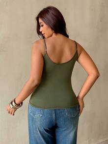 Auralis Plus Size Women's Lace & Sequin Splice Camisole,Army Green,Summer,70's,Night Out Club,Party,Y2K High Street Form-Fitting Vest For Music Festival - Army Green - View 5