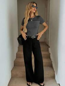 SHEIN LUNE 女士圆领修身条纹短袖T恤，适合春夏嘉年华、休闲场合穿着 - 彩色 - 查看 4