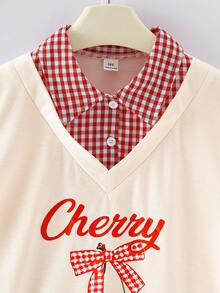 两件套女童夏季套装，樱桃印花短袖翻领上衣，搭配红白格纹百褶裙，整体造型可爱甜美，休闲百搭的夏季服装 - 杏色 - 查看 8