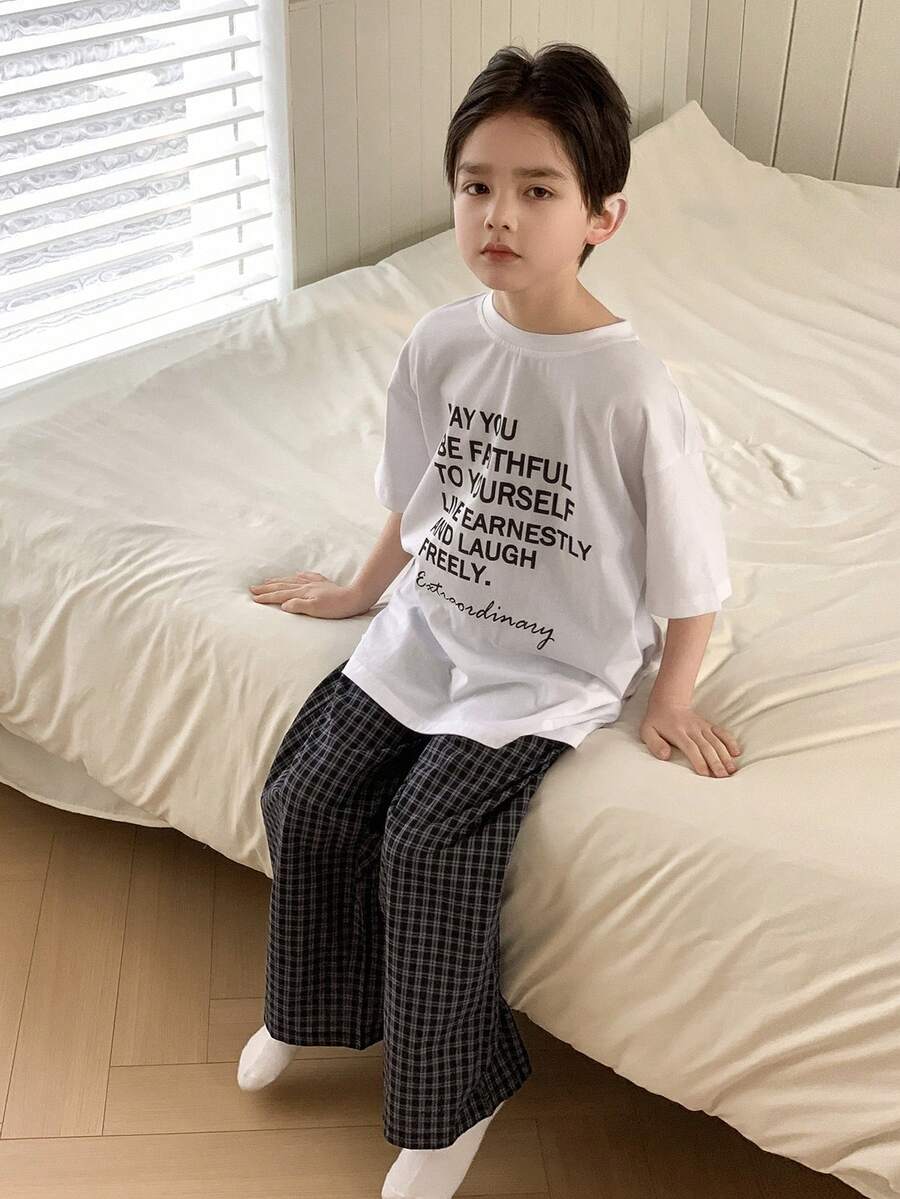 Dazy Kids Tween Boy Slogan Print Short Sleeve T-Shirt And Plaid Pants Pajama Set Summer - White - View 1