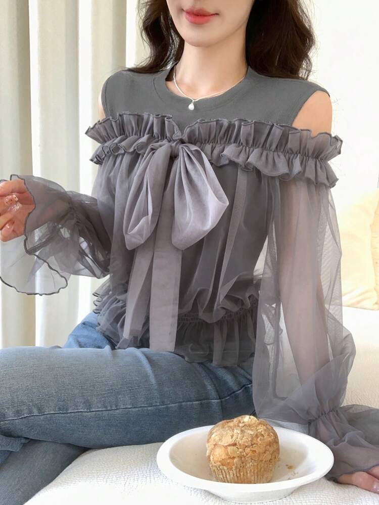 FRIFUL Women's Solid Color Sheer Mesh Fabric 2 In 1 Bowknot Ruffle Trim Sleeve Fitted Casual Versatile Two Pieces Set - Grey - View 4