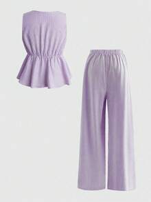 SHEIN Sweetro 2pcs Women Striped Print Sleeveless Collared Embroidered Shirt & Elastic Waist Casual Shorts Set, Spring/Summer - Mauve Purple - View 2