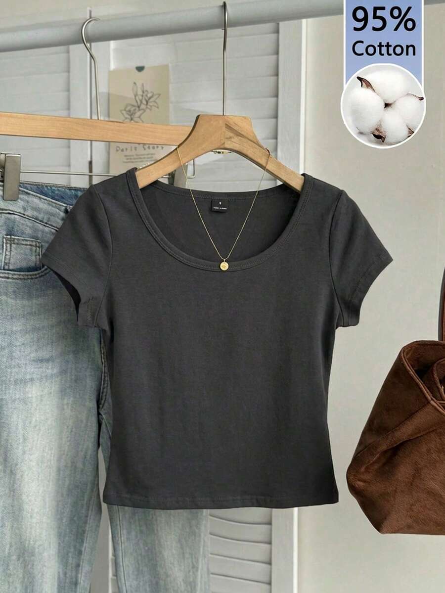 Tseoso 95%纯棉休闲简约图案圆领插肩袖修身女式T恤，深灰色 - 深灰色 - 查看 1