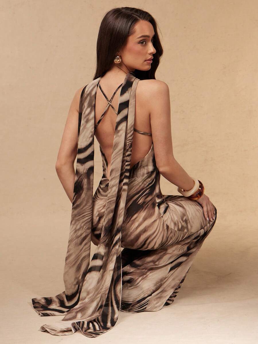 Silquee Summer Elegant Brown Beige Wood Grain Print Chiffon Maxi Dress,Seductive Backless Halter Neck Tie-Waist Fishtail Party Night Wedding Guest Dress - Multicolor - View 1