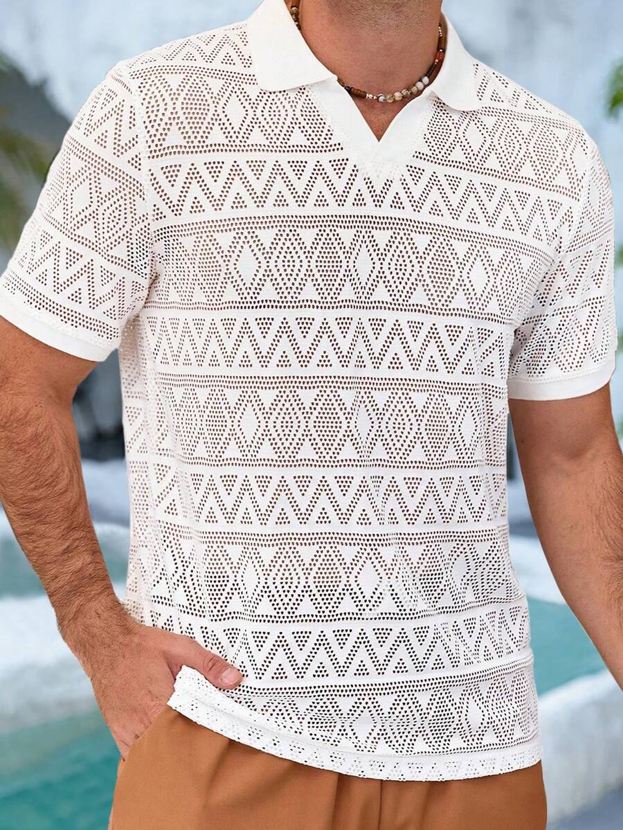 VENTUSAIL 男士短袖纹理面料 Polo 衫，适合外出、聚会和度假；男士蕾丝网眼衬衫；白色蕾丝男士衬衫；开襟针织衬衫；男士夏季上衣；男士钩针衬衫；复古风格，适合日常休闲、周末旅行、户外活动、探险旅行、轻松的工作环境或半正式场合；男友/丈夫礼物；周年纪念/生日礼物；派对；夏季假期；婚礼；春夏男士邮轮套装；游艇套装；男士沙滩套装 - 白色 - 查看 1