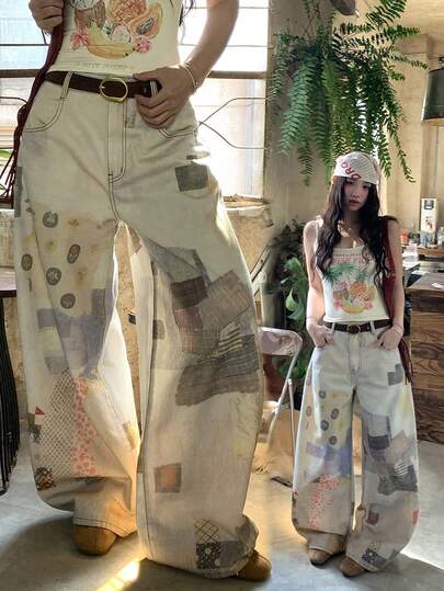 DAZY Women's Korean Style Plaid Ombre Loose Fit Versatile Casual Denim Jeans, Spring/Summer