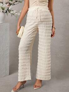 Momance Elegant Solid Color Textured Pants For Pregnant Women Wide Leg Pants Woman High Waist Women S Summer Pants Crochet Trouser Crochet Trousers For Women - Apricot - View 3