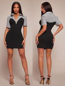 Radiana Women's Elegant Black And White Striped 2 In 1 Shirt Dress,Summer Office Business Casual Bodycon Mini Dress,Short Sleeve Stretchy Knit Work Outfits - Black - View 1