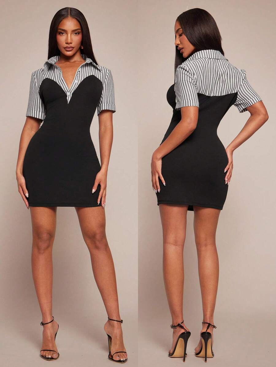 Radiana Women's Elegant Black And White Striped 2 In 1 Shirt Dress,Summer Office Business Casual Bodycon Mini Dress,Short Sleeve Stretchy Knit Work Outfits - Black - View 1